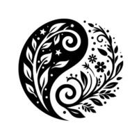 YinYang floral design, a balancing monochrome illustration symbolizing harmony and duality, featuring leaves, stars, and flowers on a white backdrop. vector