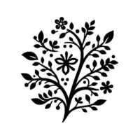 A stylized, symmetrical black and white floral illustration featuring a central treelike structure adorned with leaves, berries, and stylized flowers, against a stark white backdrop. vector