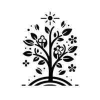 Stylized Black and White Illustration of a Flourishing Tree with Blossoms, Leaves, Sun and a Rounded Base, Symbolizing Growth and Nature. vector