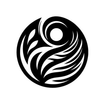 Elegant Black and White Circular with Abstract Leaf and Wave Motifs, Featuring a Central Eyelike Element Against a Clean Background. vector