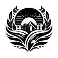 Monochrome Emblem Cityscape within a circular organic design, evoking a sense of harmony between urban development and natures embrace. vector