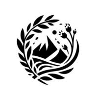 A stylized, black and white circular emblem featuring mountain peaks, flora, sun, and leaves, creating a harmonious and natural composition. vector