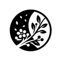 YinYang styled botanical emblem featuring a floral branch with petals and falling leaves, and a leafy sprig, set in black and white. vector
