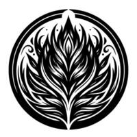 A symmetrical, monochromatic floral design, reminiscent of a stylized flame or feather, enclosed within a circular border, suggesting nature, spirituality, or art. vector