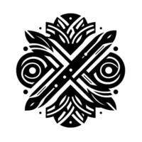 A symmetrical, black and white abstract featuring stylized floral and geometric shapes radiating from a central axis. vector