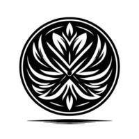 A symmetrical, monochromatic of stylized leaves arranged within a circular frame, featuring a central point and shadow. vector