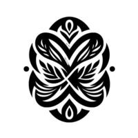 Symmetrical black and white Polynesianinspired floral with leaf motifs, organic shapes, and circular accents on a white background. vector