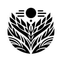 A symmetrical, stylized black and white emblem featuring botanical elements like leaves and a central stylized flower, with a sunlike orb and horizontal lines above. vector