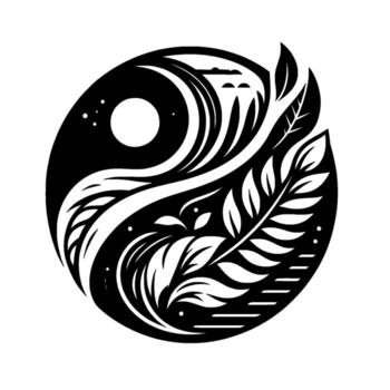 Black and white YinYang symbol with intricate botanical designs featuring leaves, a moon, and star elements, representing balance and harmony. vector