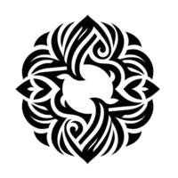 Symmetrical Black and White Floral Mandala with Ornamental Swirls and Pointed Petallike Shapes on a White Background. vector