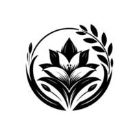 Elegant Black and White Floral Crest A symmetrical lotus blossom design, framed by a circular wreath and sprigs. Depicting harmony and nature. vector