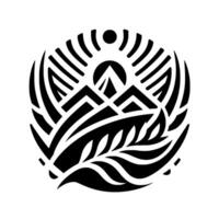 Abstract black and white circular features stylized mountains, sun, and flora within a decorative geometric frame, showcasing natures elements. vector