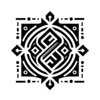 Symmetrical Black White Geometric Mandala An abstract featuring nested circles, angular elements, and stylized shapes in a balanced and intricate composition. vector