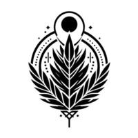 Intricate Monochrome Leafy Emblem A Symmetrical BlackandWhite Featuring a Central Leaf Motif, Moon, Dots, and Geometric Accents. vector