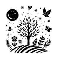 A minimalist black and white illustration of a serene landscape at twilight, featuring a central tree, crescent moon, and whimsical nature elements like birds, butterflies, flowers, and stars. vector