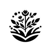 A minimalist black and white floral emblem, featuring stylized flowers, leaves, and dots arranged within a circular design, conveying simplicity and natural elegance. vector