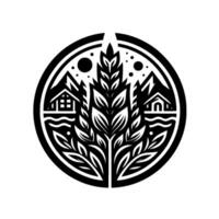 Intricate black and white circular emblem featuring a stylized tree, mountains, houses, and celestial elements, representing nature and harmony. vector