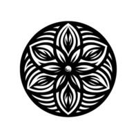 Intricate Black and White Circular Mandala Design Floral Motif with LeafShaped Petals, Geometric Stripes, and a Central Spiral on a Clean White Background. vector