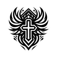 A stylized, black and white, symmetrical emblem featuring a Christian cross at the center, encompassed by feathered wings and geometric tribal patterns, evoking strength and faith. vector