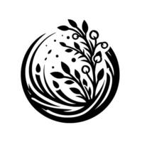 Abstract botanical illustration in a circle, featuring a stylized floral arrangement of leaves, berries, and curved lines, isolated on a white backdrop. vector