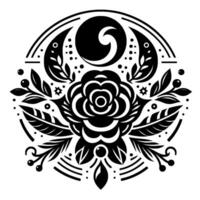 Intricate Black and White Floral Mandala Design, Featuring a Central Rose, Geometric Elements, and a Crescent Moon Motif, on a White Background. vector