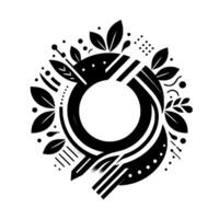 Abstract black and white botanical composition with a central circular void surrounded by stylized leaves and geometric elements, creating a modern organic design. vector