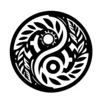 YinYang Fusion A circular black and white blending gears, foliage, and a traditional balance symbol. vector