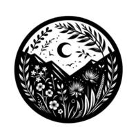 A monochromatic circular emblem depicting a stylized nature scene with mountains, wildflowers, a crescent moon, and foliage, conveying tranquility. vector