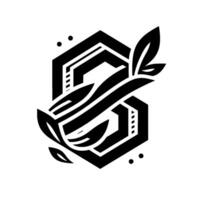 A geometric black and white depicting a stylized S shape intertwined with leaves, set within a hexagonal frame, evoking a sense of modern elegance. vector