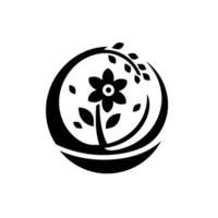 Elegant monochrome minimalist featuring a stylized black flower with leaves within a rounded frame on a white background, evoking nature and growth. vector