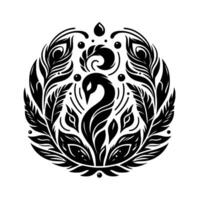 Elegant monochrome circular of a swan intertwined with feathers, leaves, and ornamental elements, creating a sophisticated, symmetrical composition. vector