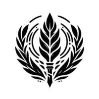 A symmetrical, black and white of a central leafy element framed by a wreathlike design, creating a stylized emblem. vector