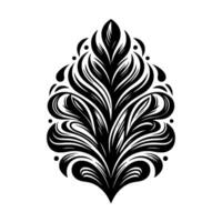 Symmetrical Black and White Ornamental Leaf Motif Composed of Swirling Lines and Stylized Floral Elements on a Plain White Background. vector