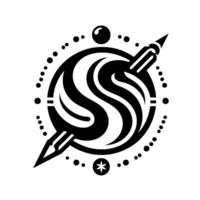 Abstract black and white minimalist featuring a stylized S shape within a circle, pierced by arrows, surrounded by dots and other geometric shapes. vector