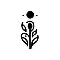 A minimalist black botanical illustration featuring a stylized plant with leaves, a bud, and a sunlike circle, set against a pristine white background. vector
