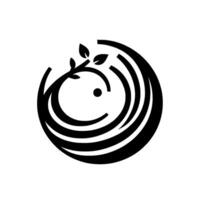 Abstract, black and white, minimalist featuring a stylized tree with three leaves encircled by concentric, curved lines resembling waves, centered on a white background. vector