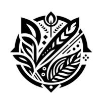 Bold Black and White Floral within a Circular Geometric Frame, Featuring Leaves, Geometric Shapes, and Symbolic Elements. vector