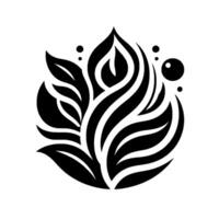A stylized, black and white floral emblem with curved lines and a central, flamelike motif, surrounded by smaller circular elements, set against a plain white backdrop. vector