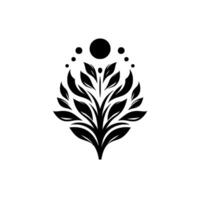 Elegant black and white of a stylized tree with a central vertical trunk, symmetrical leaf branches and circular accents. vector