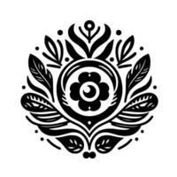 A symmetrical black and white botanical emblem, with stylized flowers, leaves, and feathers forming a circular on a plain white background. vector