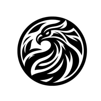 A Fierce Eagle Head Silhouette, Emblem in Black and White, Encapsulated within a Circular Frame, Representing Strength. vector