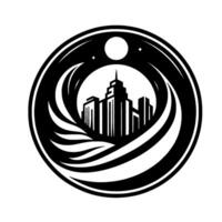 Silhouette of a Futuristic Cityscape within a Circular Emblem, Featuring Swirling Lines, Moon and Stars, Evoking Modernity. vector