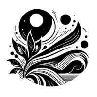 Abstract Black and White Botanical Composition Featuring Leaves, Circles, and Flowing Lines Within a Rounded Frame. vector