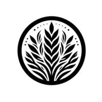 Minimalist Black White Emblem of Wheat or Grain, Circular Frame with Elegant Leafy Abstract Design, Shadow Detail, Clean Lines. vector