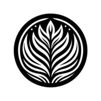 Symmetrical black and white circular featuring stylized leaf motif with layered segments, encircled by a thick border and dotted accents, evoking a modern minimalist aesthetic. vector