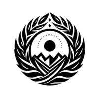 A symmetrical black and white tribal featuring a central circle with a sun, flanked by mountains and encircled with leaves, evoking a sense of nature, balance and harmony. vector