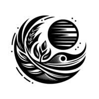 Abstract Tribal Design A Circular Composition with a Plant, a Striped Orb, and Fluid, Curving Elements, rendered in bold black lines. vector