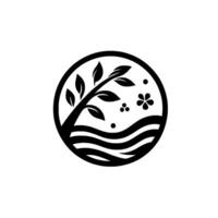 Minimalist Black and White Circle Logo a Stylized Tree with Leaves, Flower, Dots, and Water Elements, Suggesting Nature Serenity. vector