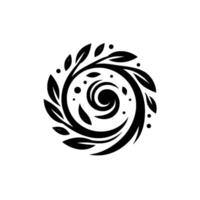 Black and white circular featuring an intricate spiral of leaves and organic forms, suggesting growth and harmony against a clean white backdrop. vector