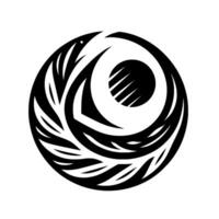 Intricate Tribal Ornament A monochromatic circular featuring stylized bird and leaf motifs around a central, striped eyelike element, rendered in sharp contrast against a white backdrop. vector